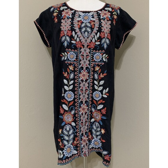 Johnny Was Maisie Peasant Tunic Dress Women’s S Black Linen Floral Embroidery - Picture 2 of 8